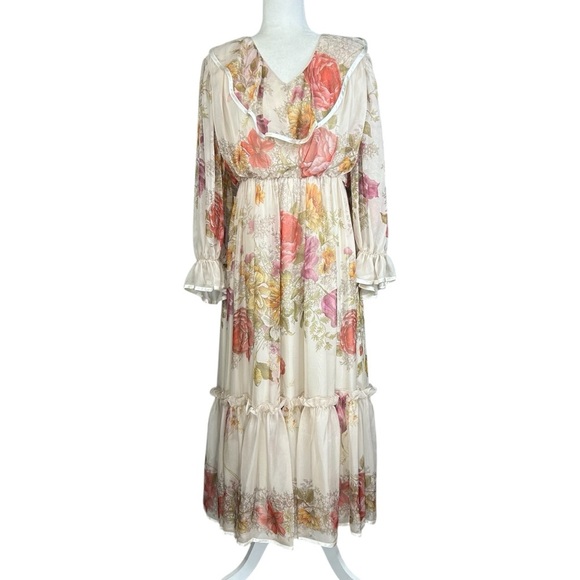 J Peterman Dresses & Skirts - J Peterman Chiffon Ruffle Dress 12 Floral Feminine Tiered Empire Waist Romantic